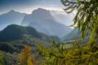 Slovenia, Triglav National Park. Landscape with forest and Julian Alps. Art Print